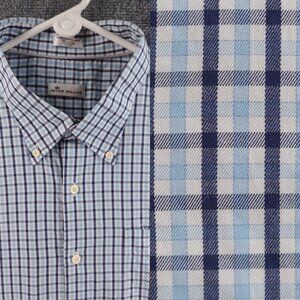 Peter Millar Button-Down Cotton Check 2XL Blue Shirt Mens Long Sleeve Pocket
